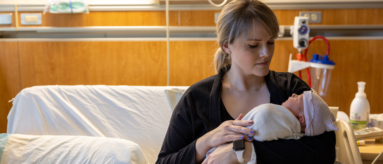Mother with newborn infant in the Mother Baby Care Unit on Monday, March 20, 2023. Patient consent forms on file.